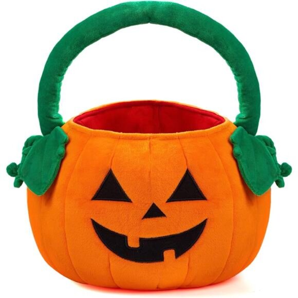 Halloween pumpkin plush tote bucket measuring 11 x 13.4 inches, designed - Picture 1 of 8